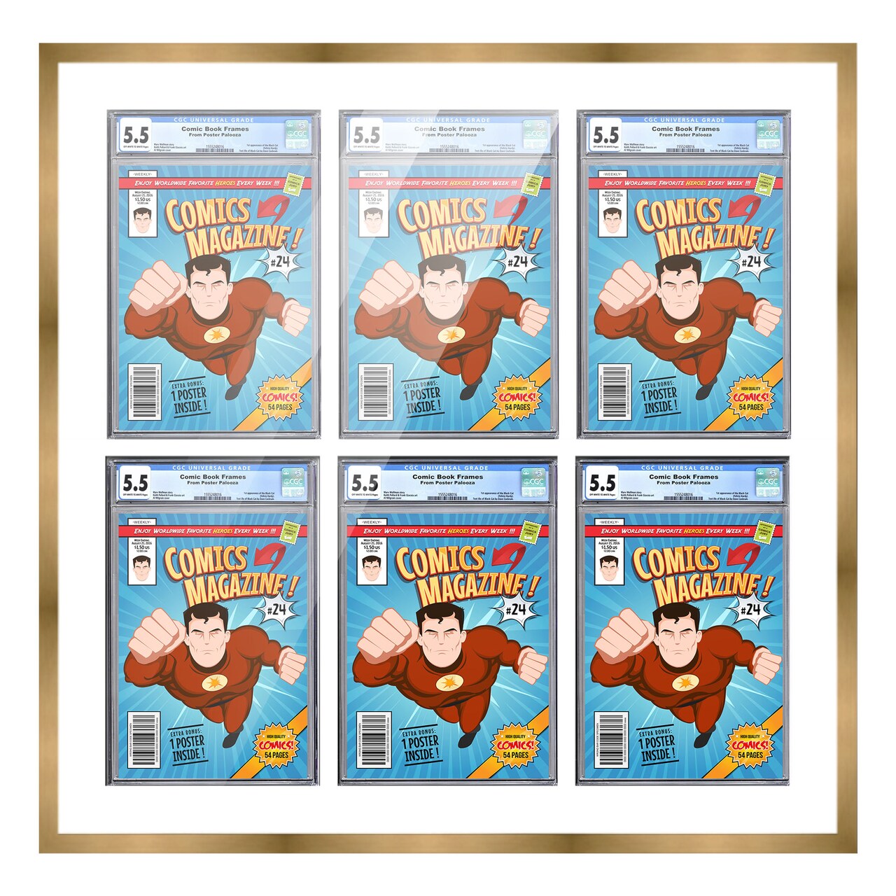 Comic Book Display Frame for CGC, PGX Graded, Slabed Comics - Bronze Wood Comic Frame With White Mat for 8.125x13 Comics, 18 Frame Sizes